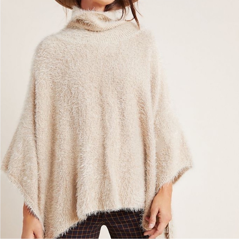 Anthropologie Cream & Gold Metallic Soft Eyelash Turtleneck Sweater Poncho
